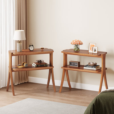 24.6'' Tall End Table Side Table With 2-Tier Storage Shelves And Solid Wood Legs(2 PCS)