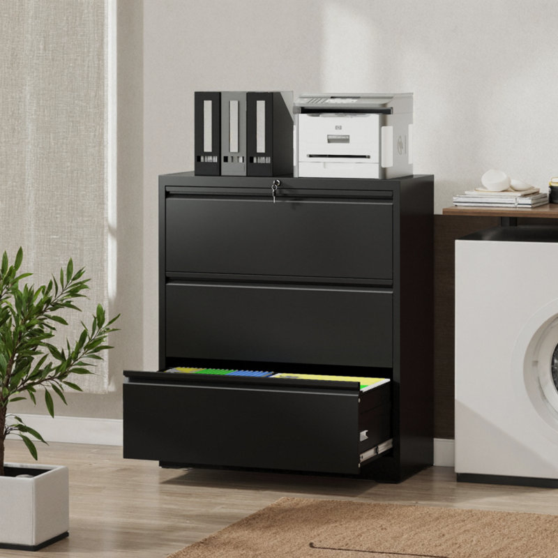 3-Drawer Wide Lateral Filing Cabinet With Lock – Extra-Storage Metal File Cabinet For Home Office, Fits Letter, Legal, A4 & F4 Documents, Anti-Tilt Safety Design