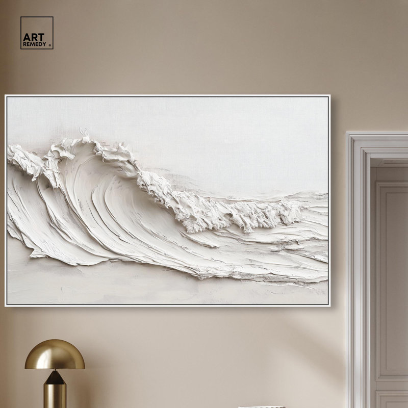 Vague sur toile blanche par Art Remedy, H 37 po x l 55 po, Blanc, Cadre flottant