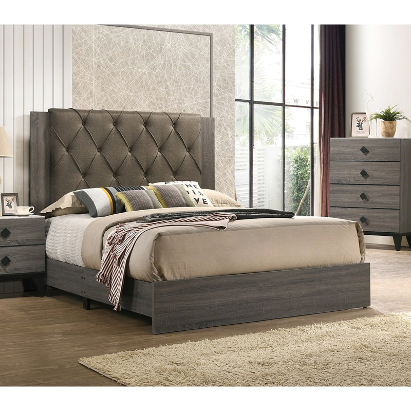 Grand lit pour chambre à coucher, finition grise, tête de lit, lit en bois d'hévéa moderne, gris, Gris