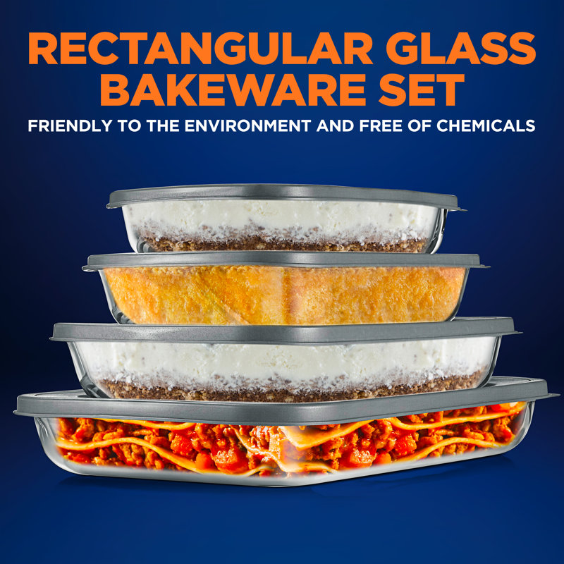 NutriChef 4-Piece Rectangular Glass Bakeware Set with Lids