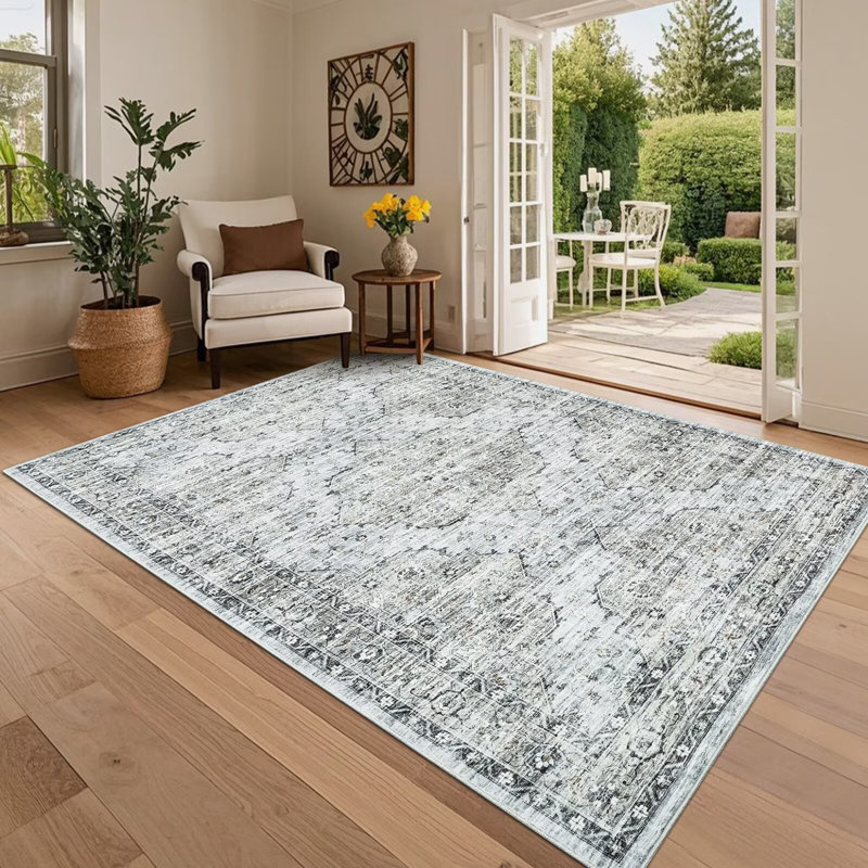 Vintage Floral Rug Washable Rug for Living Room, Retro Oriental Carpet, Soft Low Pile Non Shedding Floor Covering, Foldable Thin Non Shedding Indoor Mat for Bedrooms, Nurseries