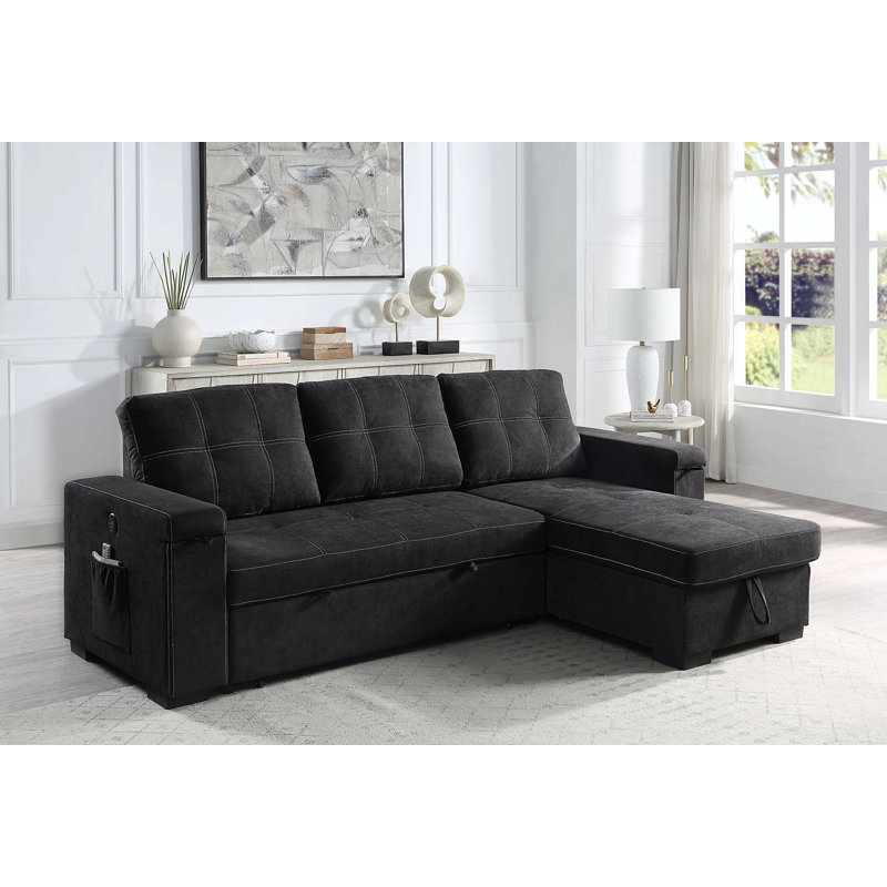 Canapé-lit modulaire réversible en tissu tissé noir de 95 po avec porte-gobelet de rangement Toby