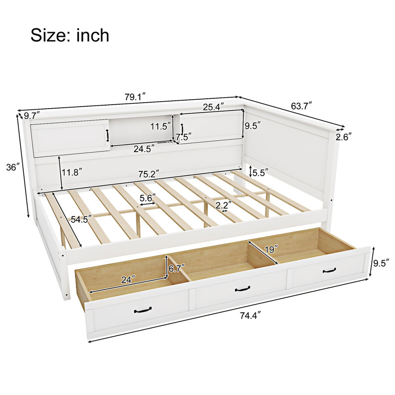L-Shaped Bed Frame with Drawer and and Bookcase