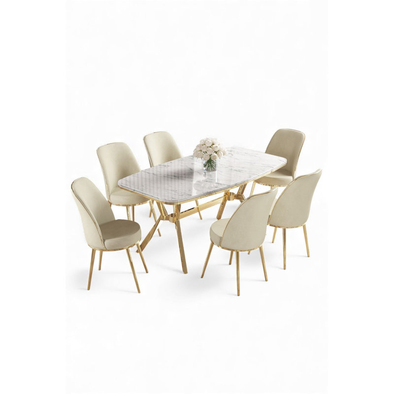 Ensemble de table et chaises de salle à manger (7 pièces), 7 Pieces: Table, 6 Chairs, White Marble/Gold, Cream