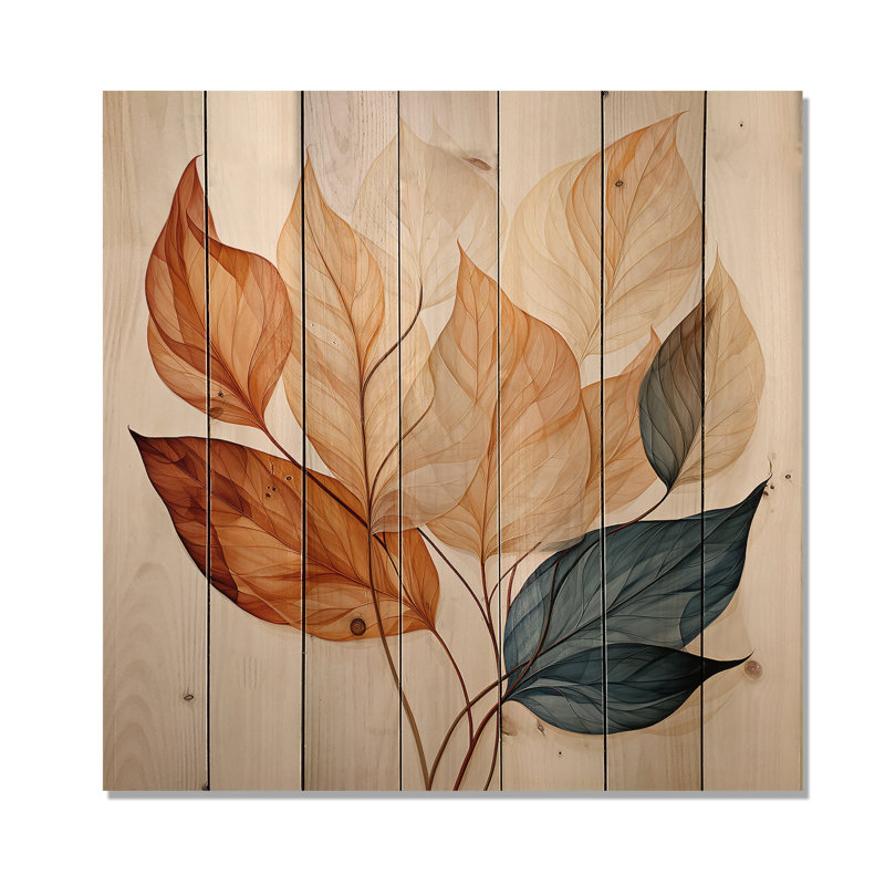 «Copper Leafy Abstractions - Leaves Wood», art mural sur bois de pin naturel, H 36 po x l 36 po