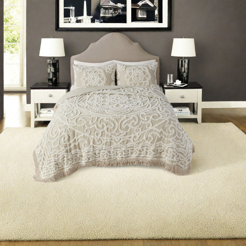 Ensemble de literie chic en chenille de coton, frange médaillon taupe, toutes saisons