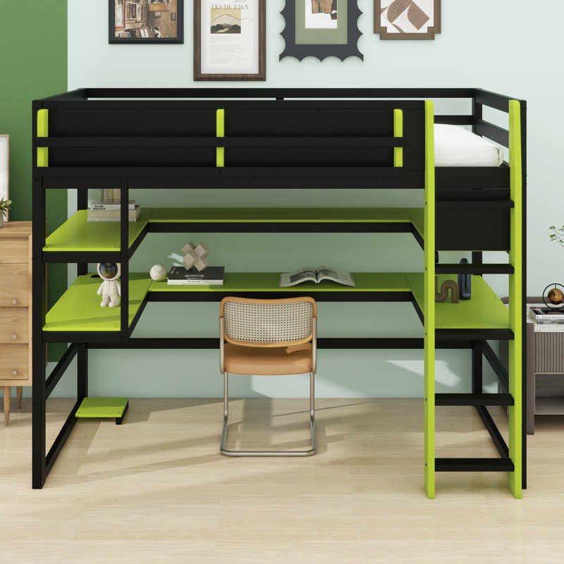 Modern Elevated Bed with Dedicated Workspace, Vertical Side Storage, Comprehensive Bookcase Shelving, and Adjustable RGB Illumination