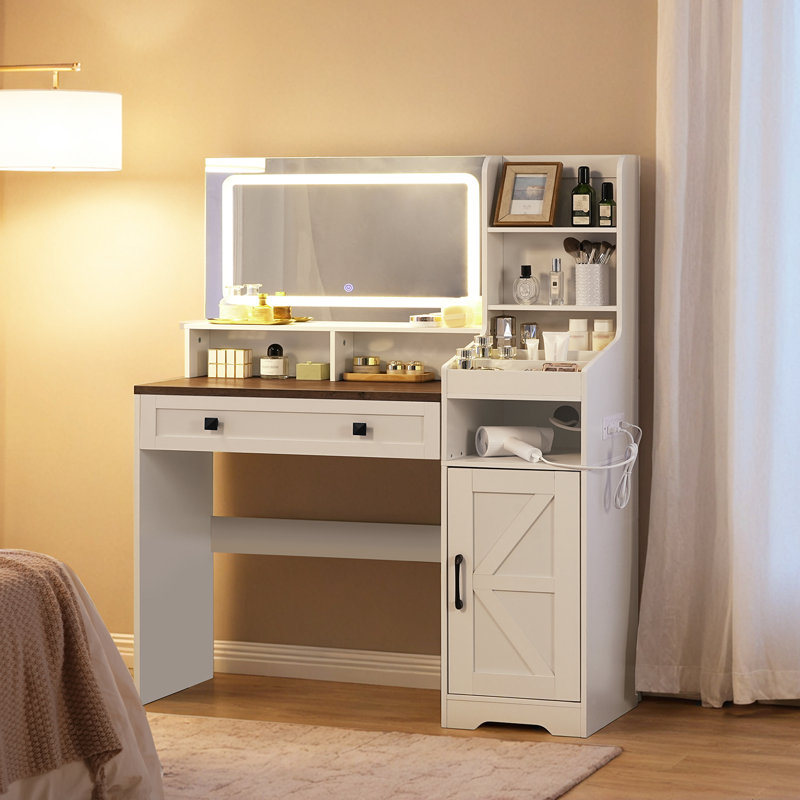 41.5" Makeup Vanity Desk with Lighted Mirror, Power Outlet, Vanity Mirror with Lights Desk,White Vanity Desk with Mirror and Lights, Farmhouse Vanity Makeup Desk with Charging Station