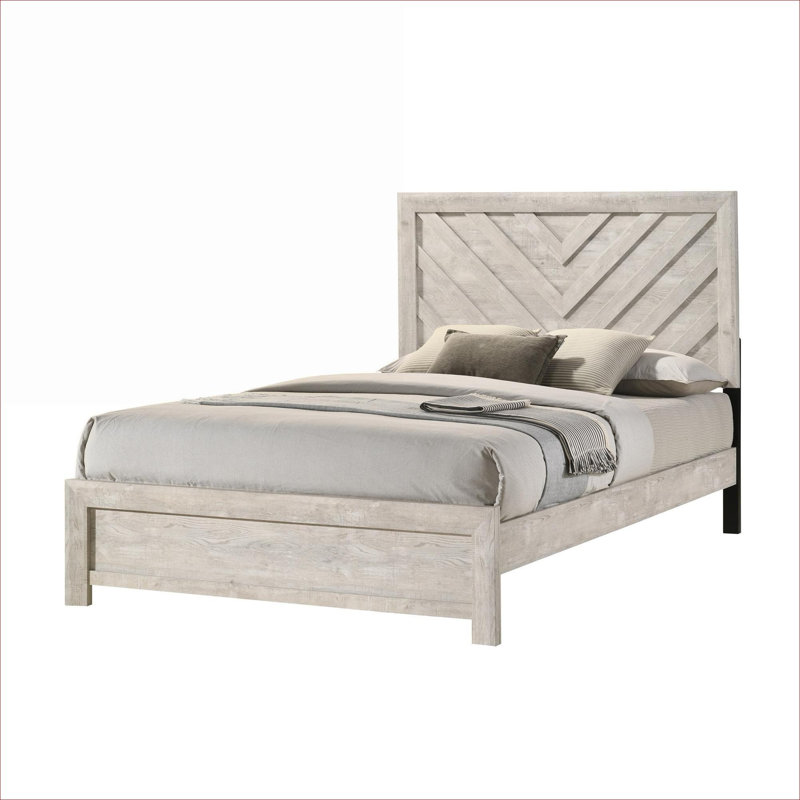 Neutral Gray Full Size Contemporary Rustic Wooden Bed with Chevron Geometric Headboard, Full, White