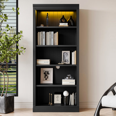 5 Wood Bookcase With Led  834 Tall Adjustable Shelves For BooksMovies Black Storage OfficeReading Area BooksMovies Living AreaStudy