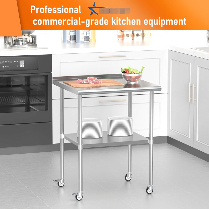 Table de travail en acier inoxydable 30 pouces avec roulettes, dosseret et tablettes réglables pour les garages de cuisine commerciale, dosseret à finition de surface d'usure, roulettes pour l'extérieur