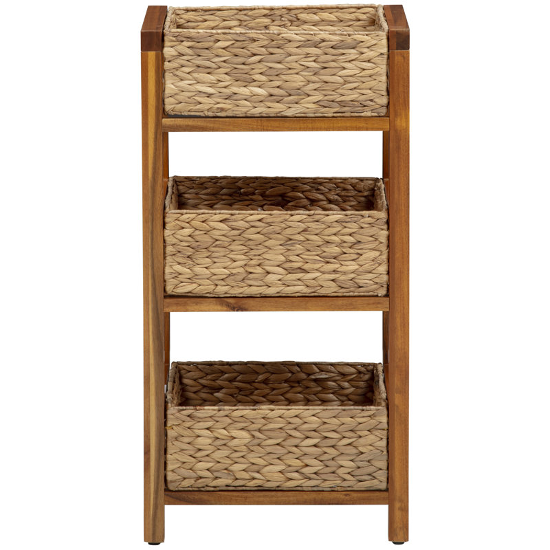3 Tier Hardwood Frame Grocery Storage Organizer Rack, Light Oak, 3 Woven Water Hyacinth Baskets
