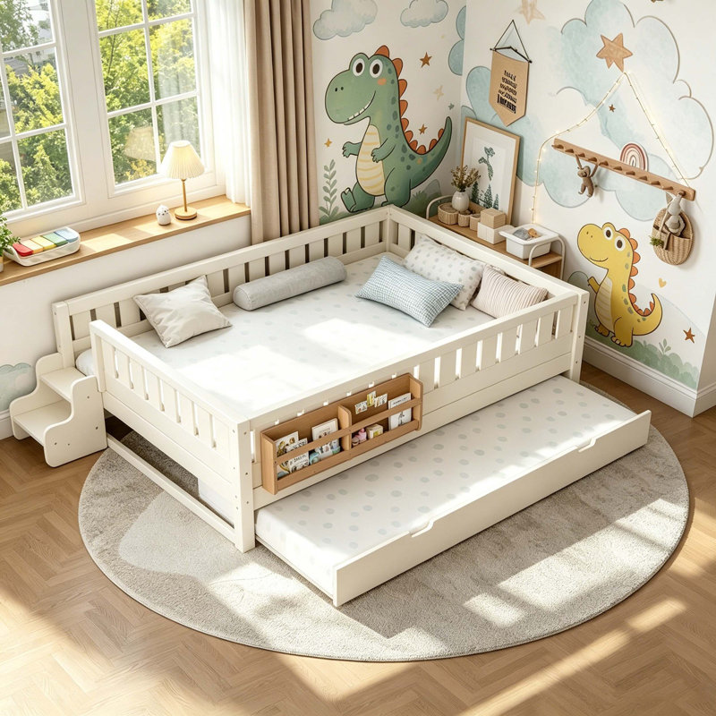 Lit avec étagères intégrées et petit escalier, Beige