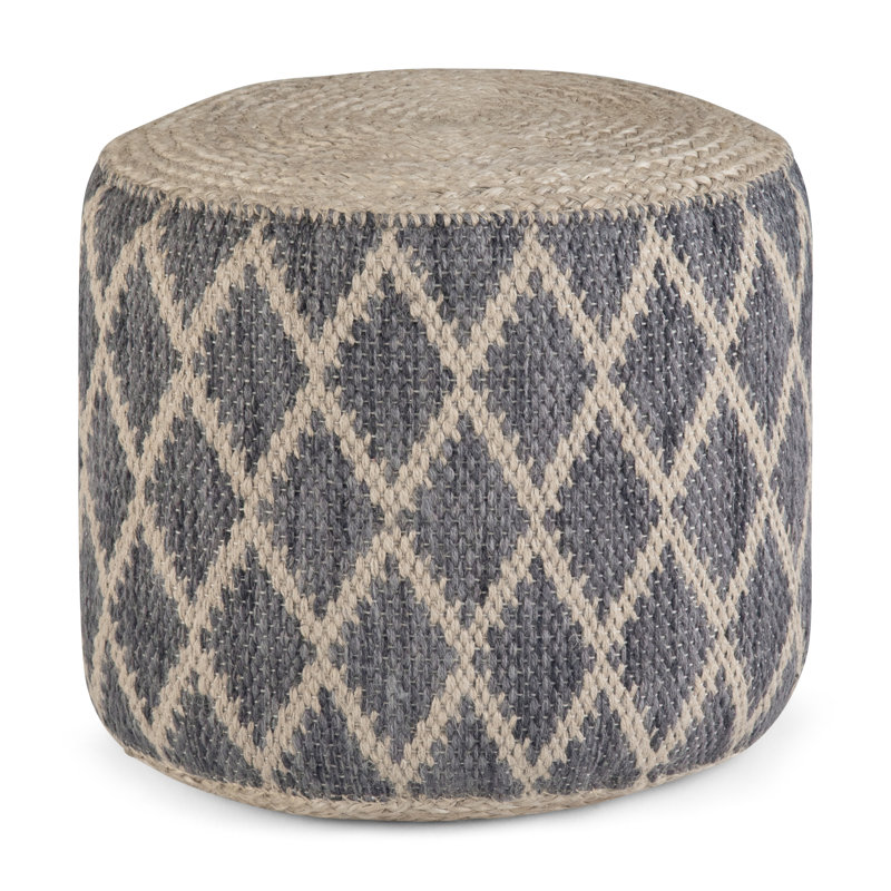 Edgeley 18"W Jute and Cotton Round Pouf with Diamond Pattern, Gray/Natural