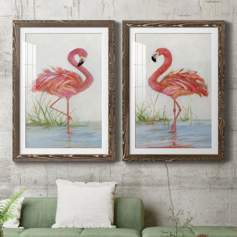 Flamingo I - ensemble de 2 peintures, H 24 po x l 36 po, Papier dans un cadre photo, Noyer