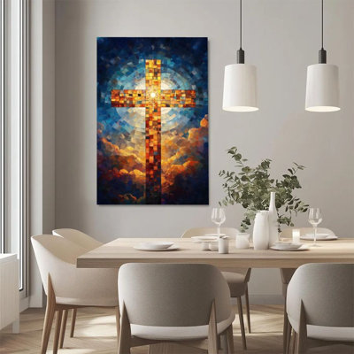 1Pc Framed Canvas Poster Print Cross, Radiant Sun, Religious Mosaic Art Style Wall Art Wall Pediments, Wall Decor, Perfect for Room Decor Living Room Bedroom Office Kitchen Bathroom Home Decor, Rustic & Modern Ideal Home Wall Decoration
