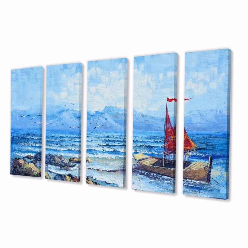 Voilier rouge sur un océan bleu - reproduction d'art sur toile nautique et côtière - 60 x 28 - 5 panneaux