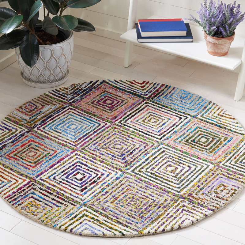 Anaheim Nantucket Hand Tufted Wool/Cotton Geometric Rug in Blue/Green/Orange, Round 4'