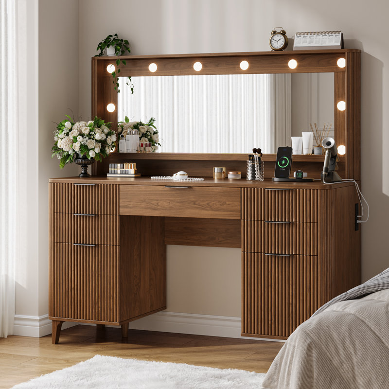 Fluted Makeup Vanity Desk With Large 39.3" Mirror And Lights, Walnut
