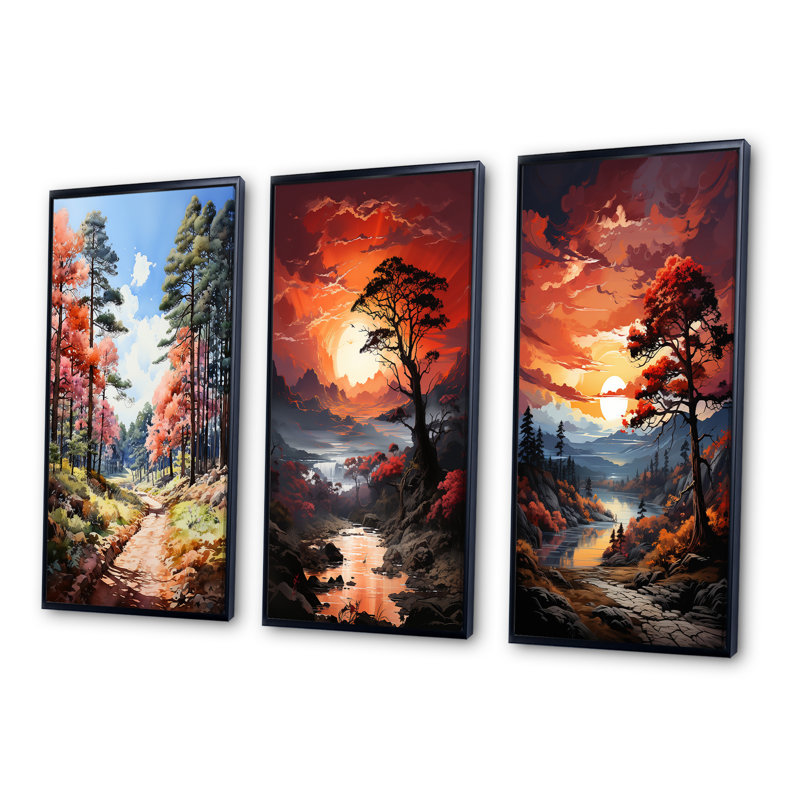 «Green Pine Tree Dancing Shadows», 3 pièces sur toile, H 28 po x l 36 po, Cadre flottant noir