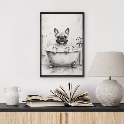 Funny French Bulldog Bubble Bath Bathroom Framed Canvas Master Bedroom Wall Art Work Print