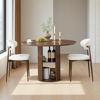 47" Round Dining Table Set For 4 With Storage Base, Modern Farmhouse 3-Piece Kitchen Dining Room Set With 2 Upholstered Chairs, Wood Top & Metal Legs