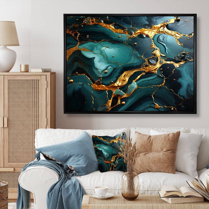 «Green and Gold Topaz Agate Granite II», reproduction d'art murale abstraite, Cadre flottant noir