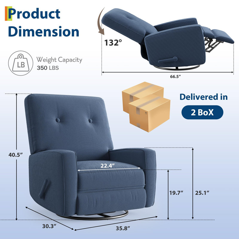 360° Swivel Rocker Recliner, Corduroy Manual Recliner Chair for Nursery, Living Room, Bedroom & Small Spaces, Dark Blue