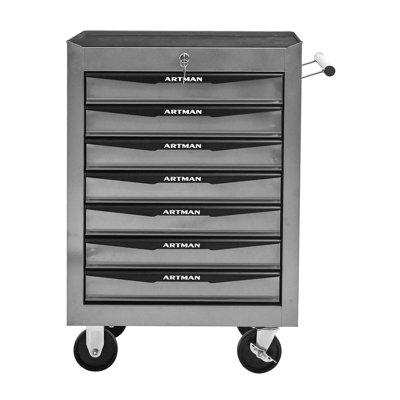 Coffre à outils à 7 tiroirs en métal avec glissières à roulement à billes, armoire de rangement verrouillable en acier sur roulettes pivotantes pour l'organisation d'ateliers.