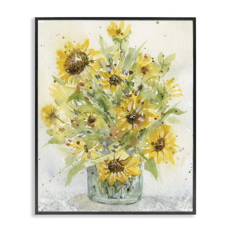 Vase Speckled Sun Flowers, estampe numérique, design par Patti Bishop, H 14 po x l 11 po, Giclée encadrée noir minuit