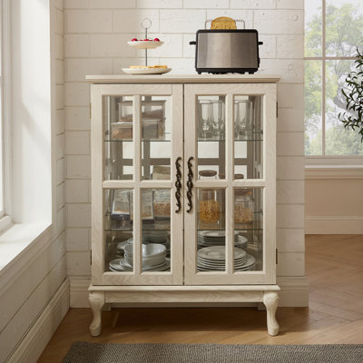 White Glass Storage Cabinet with Full-Color RGB Light Strip & 2 Adjustable Shelves – Grid Door Buffet Sideboard with Magnetic Catch for Dining Room, Living Room, Bedroom