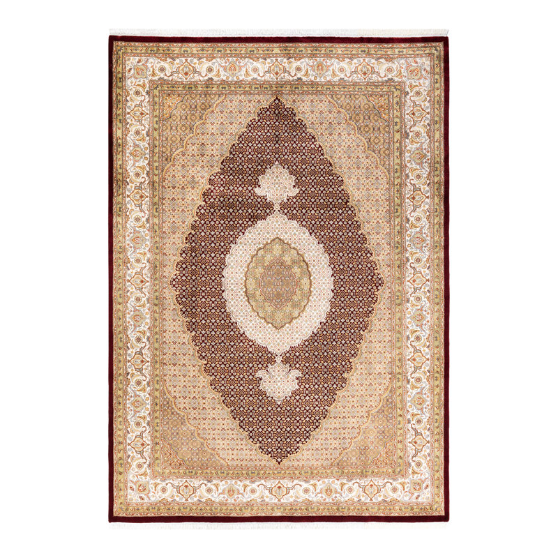 Classic One-of-a-Kind Hand-Knotted New Age 6'3" x 9'5" Wool Area Rug in Brown/White/Yellow