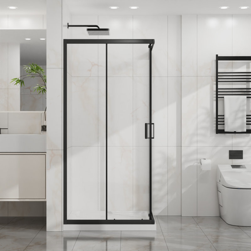 Portes de douche et de baignoire modernes peu encombrantes, cadre noir mat, coulissant en coin