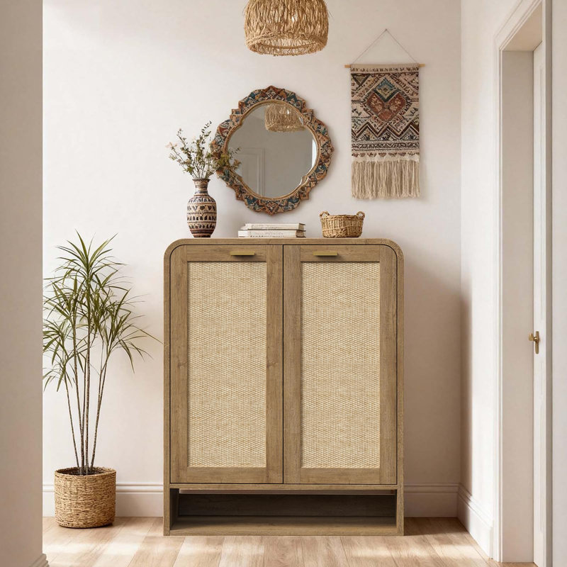 41" Tall Rattan Shoe Storage Cabinet, 24 Pairs Shoe Cabinet For Entryway,, Caramel Oak
