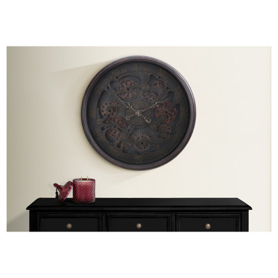 30" Round Black Industrial Wall Clock with Open Gear Mechanism and Tempered Glass