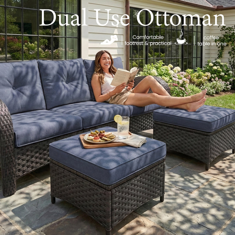 Ensemble de meubles de patio d'extérieur en rotin avec repose-pieds 5 pièces Layinsun, Noir, noir, noir, noir, Marine