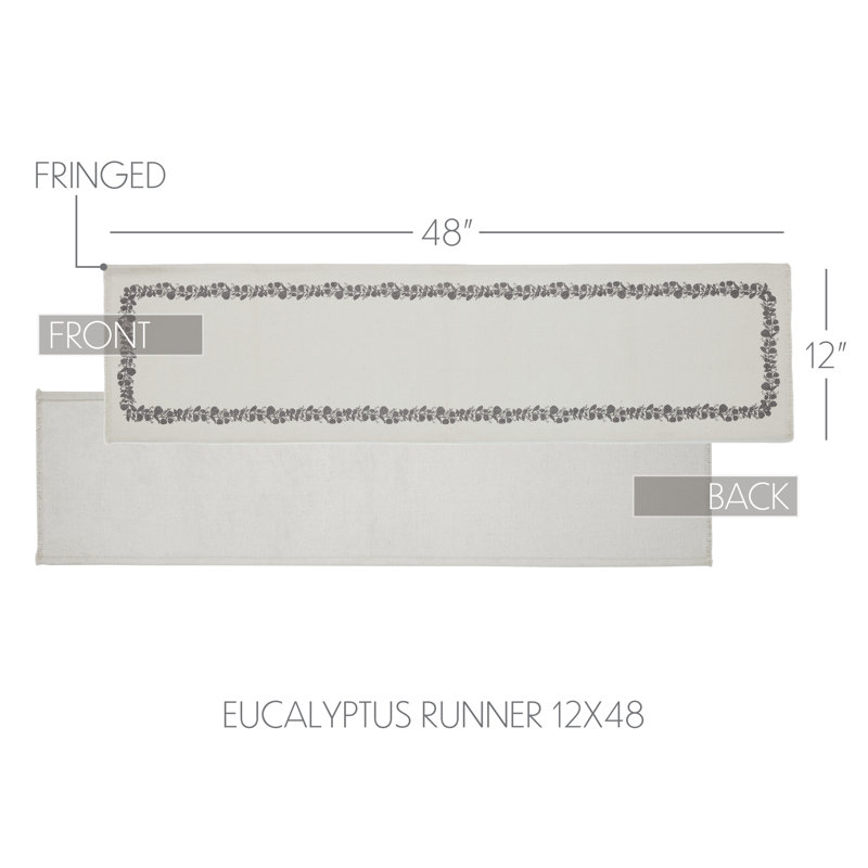 Soft White Cotton Table Runner with Eucalyptus Pattern, 12x48
