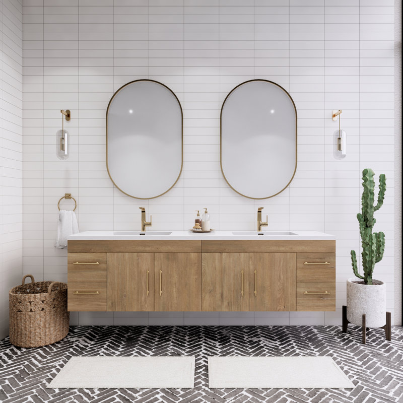 Ensemble de meuble-lavabo double 84 po Tihanna, Teck chêne
