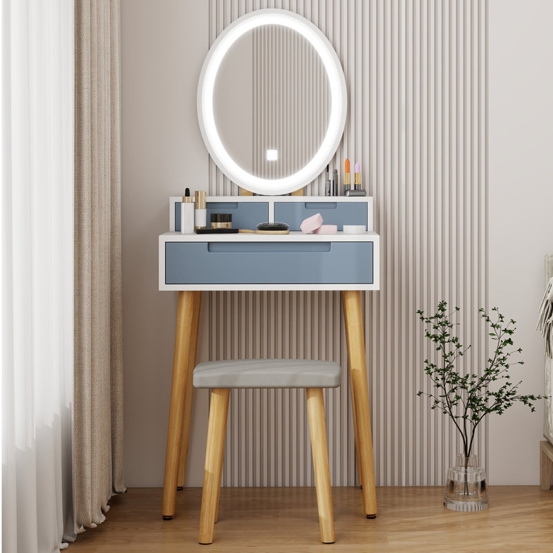 Barther Vanity Table Set with Adjustable Brightness Mirror and Cushioned Stool, Natural/White/Gray