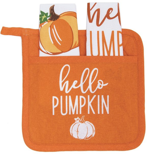 Ensemble de poignées de poche «Hello Pumpkin» avec cuillère en bois et serviettes de table imprimées