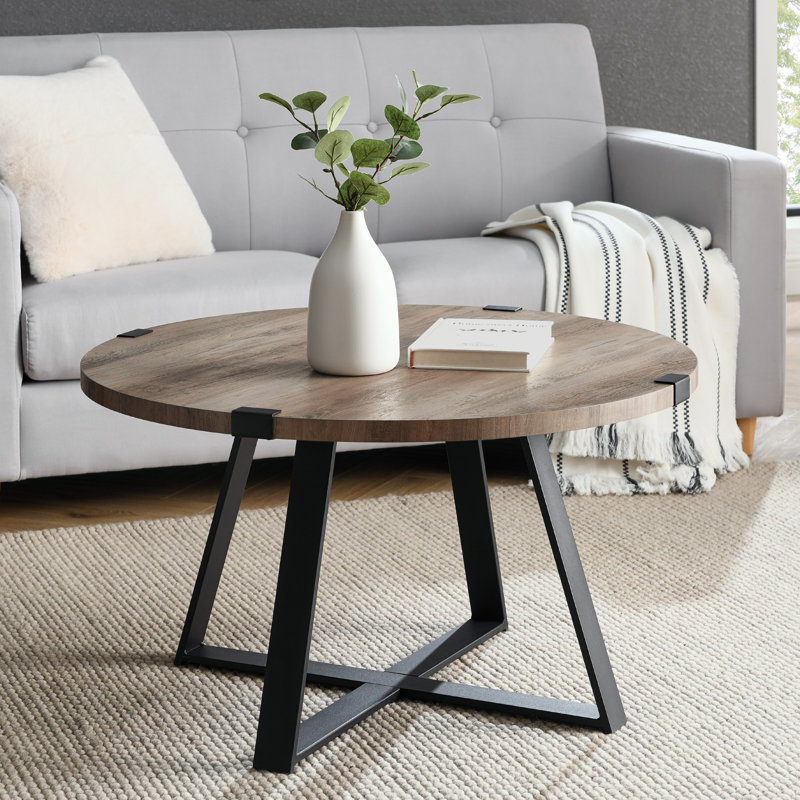 Paramus Cross Legs Round Coffee Table, Gray Wash, Black