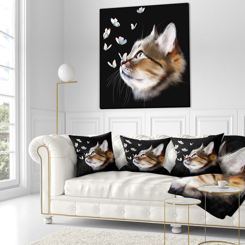 Chat avec papillons sur fond noir - coussin imprimé animal, 16 po x 1 po, Coussin décoratif