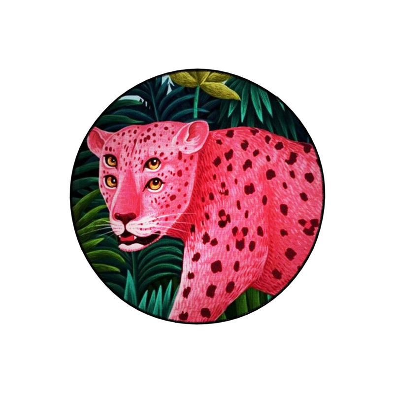 Two Pairs Of Eye Detailed Pink Tiger Patterned Woven Base Decorative Carpet, Round 3'4"