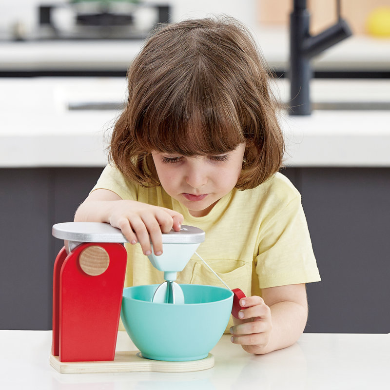 Hape: ensemble de cuisson en bois - rouge - appareil de cuisine en bois, pales à filer, cuisson réaliste, jeu interactif, enfants de 3 ans et plus