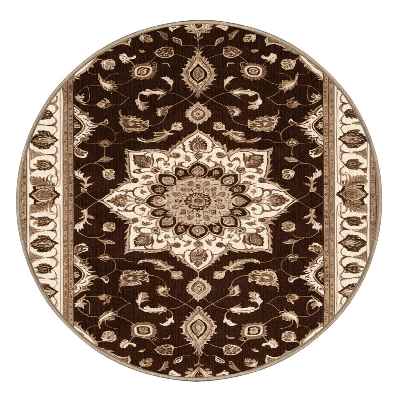 Machine Washable Tabriz Brown Area Rug, Round 3'
