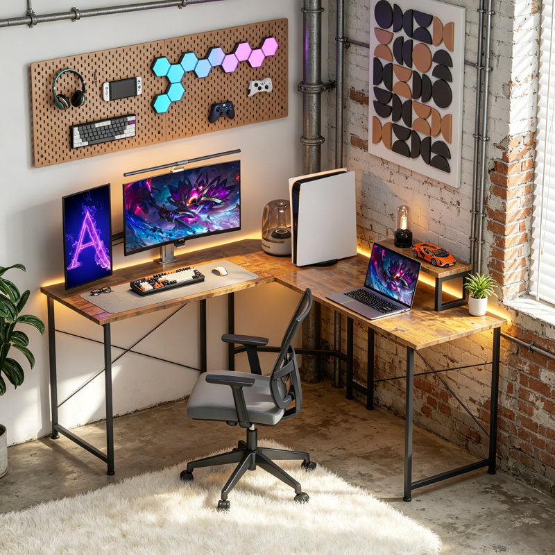 L-Shaped Metal Base Computer Desk, Brown