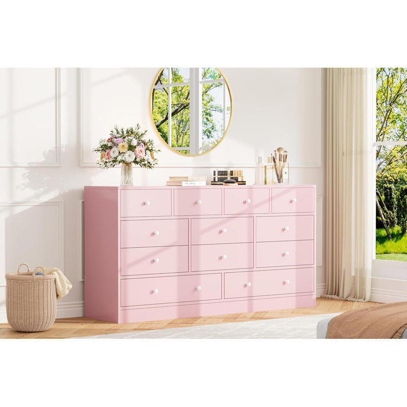 Commode 12 tiroirs 61 "61" - 3 tiroirs, prise de courant, ports USB, 2 boîtes, Rose