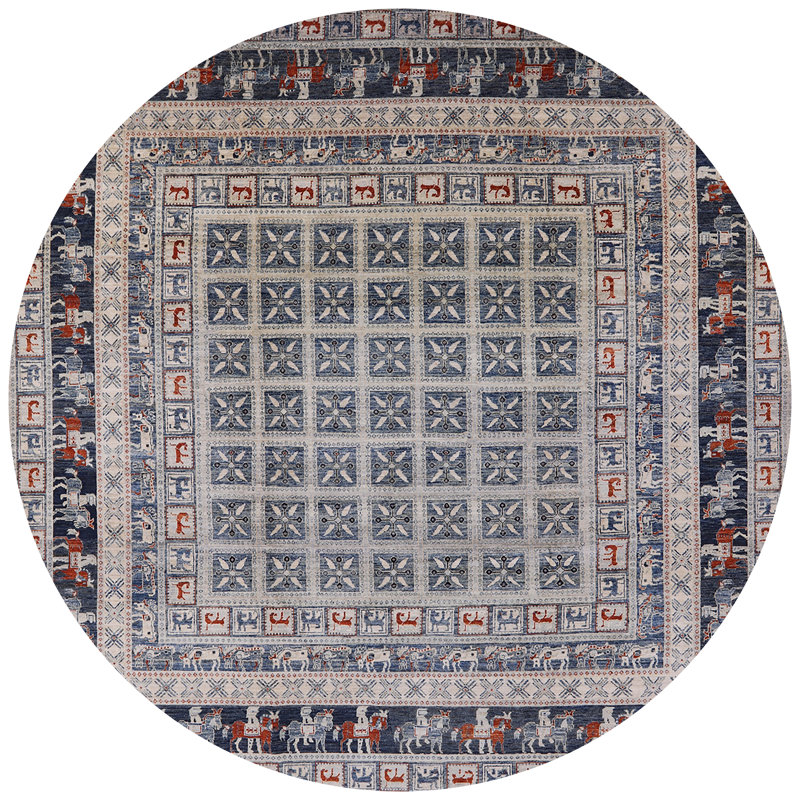 Tapis géométrique gris / bleu / brun, Rond 8 pi