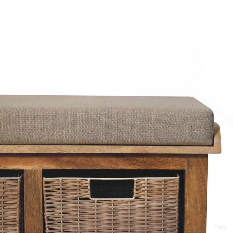 Banc rembourré en bois massif de rotin et de lin, gris et brun